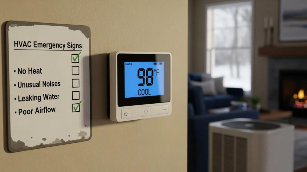Thermostat showing unusual temperature with checklist of HVAC emergency signs, relevant to emergency HVAC repair NW Indiana