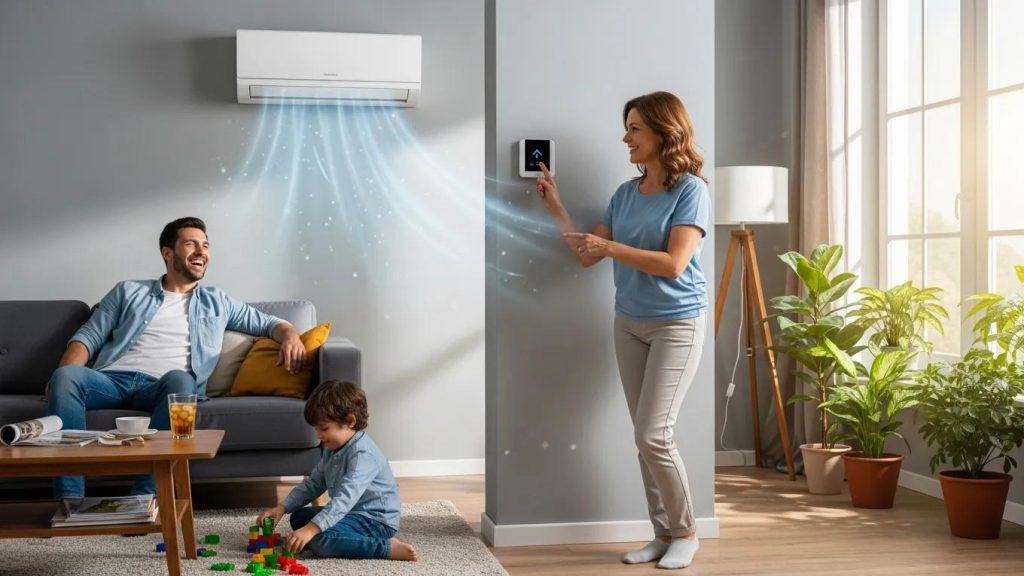 Family enjoying a comfortable living room with an air conditioner operating smoothly
