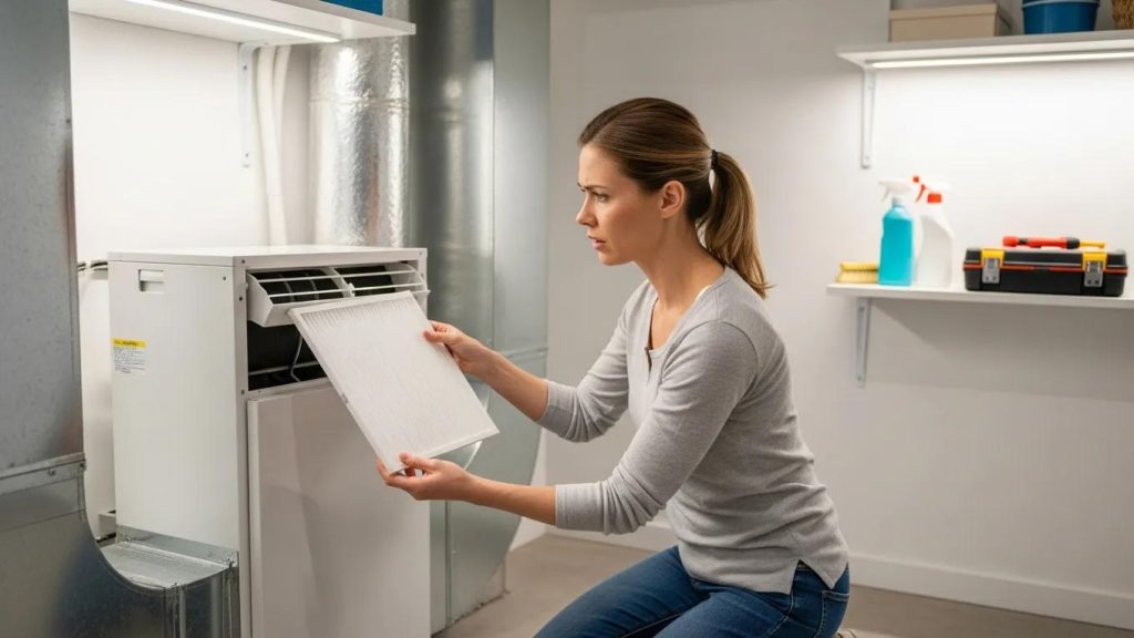 Homeowner inspecting an air filter of an air conditioning unit for troubleshooting