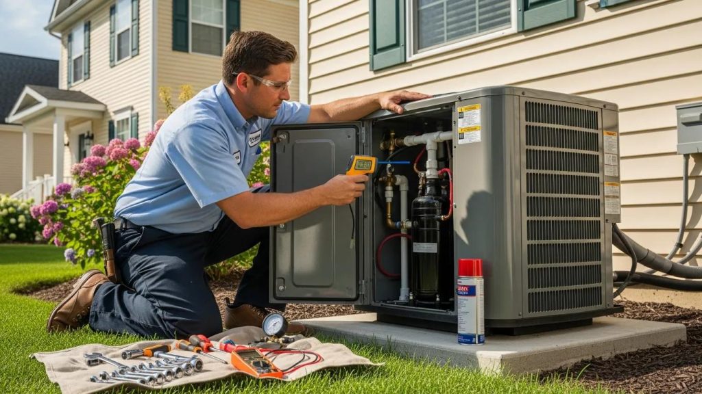 HVAC technician assessing an air conditioning unit outdoors during summer