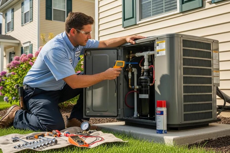 HVAC technician assessing an air conditioning unit outdoors during summer